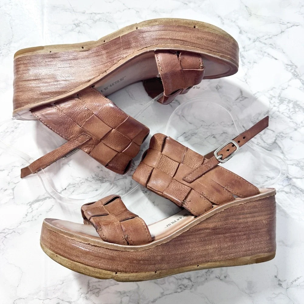 A.S. 98 Nasser Woven Tan Brown Leather Platform Wedge Sandals Women's Size 40